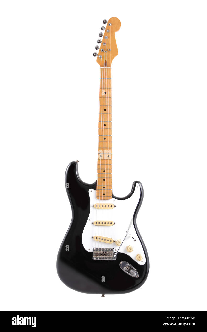 Un vintage in bianco e nero con la chitarra elettrica isolata su bianco con tracciato di ritaglio Foto Stock