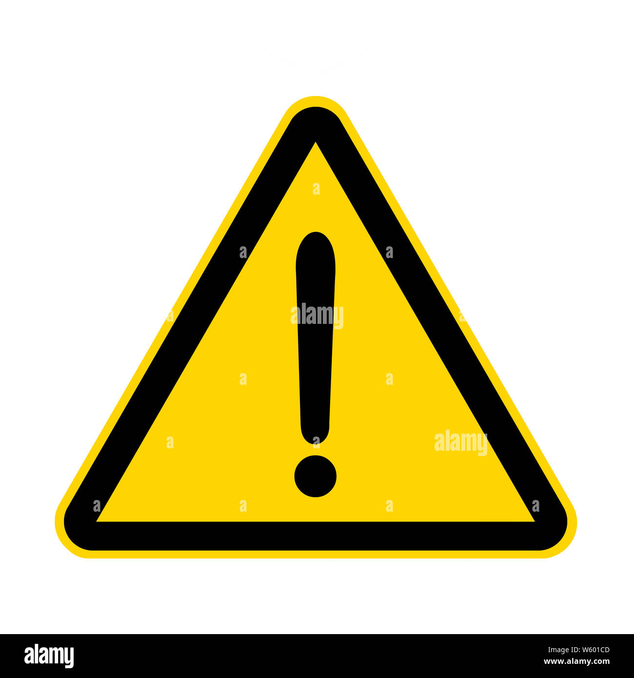 Un punto esclamativo attenzione pericolo giallo segno di pericolo isolato su bianco con tracciato di ritaglio Foto Stock