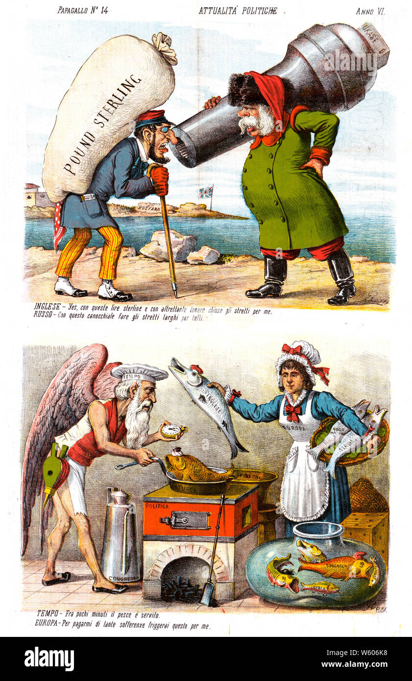 Politica italiana cartoon mostra due scene, in alto è un inglese che porta un grande sacco pesante etichettato 'Pound Sterling' sulla sua schiena e poggiando su un bastone di sostegno, c'è un opuscolo nella sua tasca della giacca etichettato 'Guida', spostandosi da sinistra a destra, incontra un grande, burly vecchio uomo russo portando una grande cannone canna etichettato 'Ukase' sopra la sua spalla destra e il suo braccio sinistro akimbo con la mano sinistra sulla sua anca fornisce un supporto aggiuntivo. Essi parlano di ogni altro, con ogni discute i meriti dei loro particolari metodi di persuasione. Foto Stock