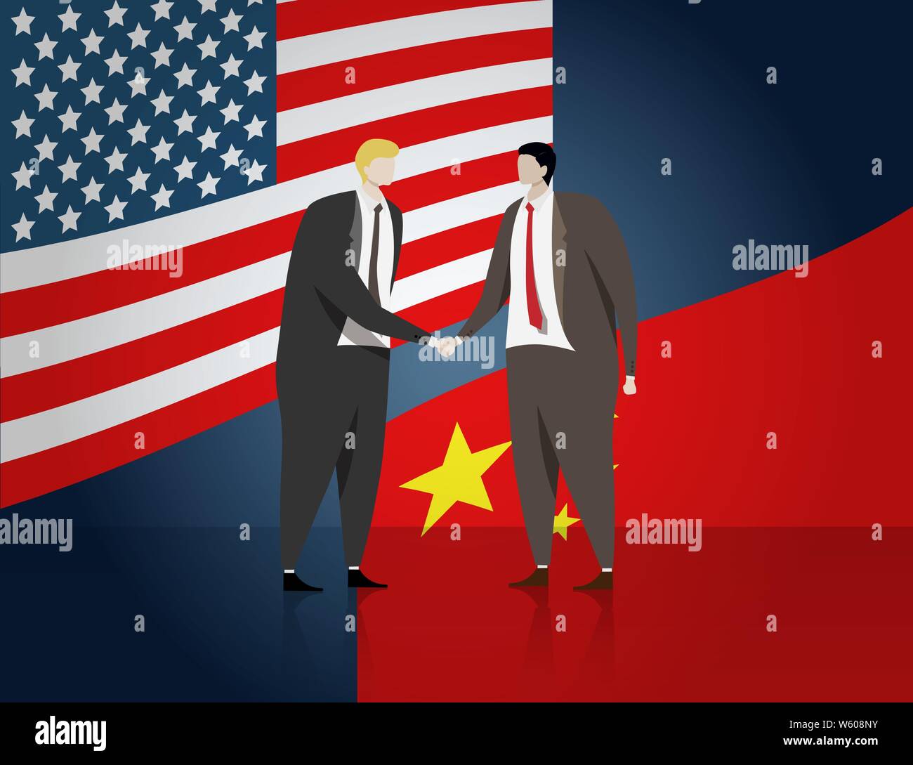 La gente di affari agitando la mano per fare un affare di business, bandiera di Stati Uniti e Cina in background. Stati Uniti e Cina i rapporti politici bilaterali e coopera Illustrazione Vettoriale