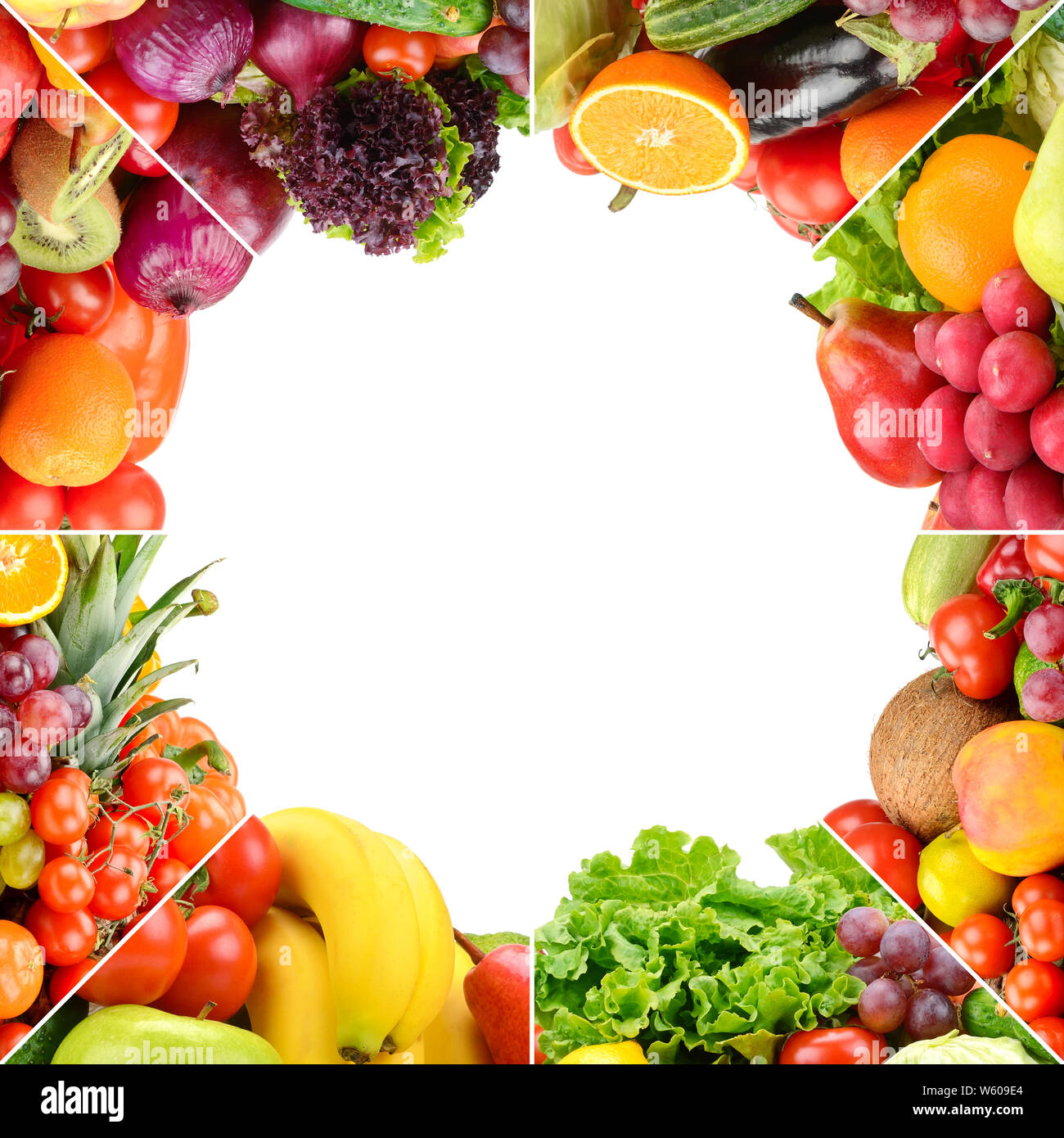 Cornice quadrata frutti maturi e verdure linee separate isolate su sfondo  bianco Foto stock - Alamy