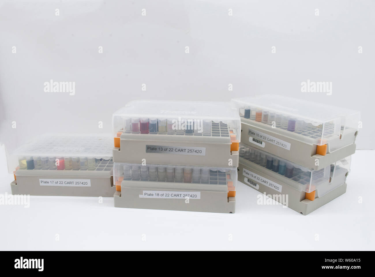 La ricerca di laboratorio. Un mazzetto di lampadine di laboratorio nella casella vicino isolata su bianco. Farmacia fabbrica. Biografia scientifica della medicina moderna tecnologia Foto Stock