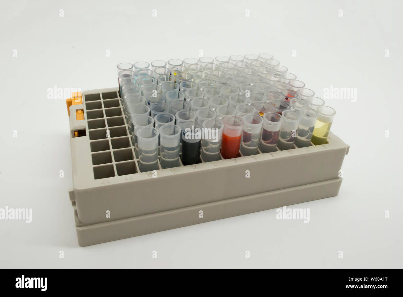 La ricerca di laboratorio. Un mazzetto di lampadine di laboratorio nella casella vicino isolata su bianco. Farmacia fabbrica. Biografia scientifica della medicina moderna tecnologia Foto Stock