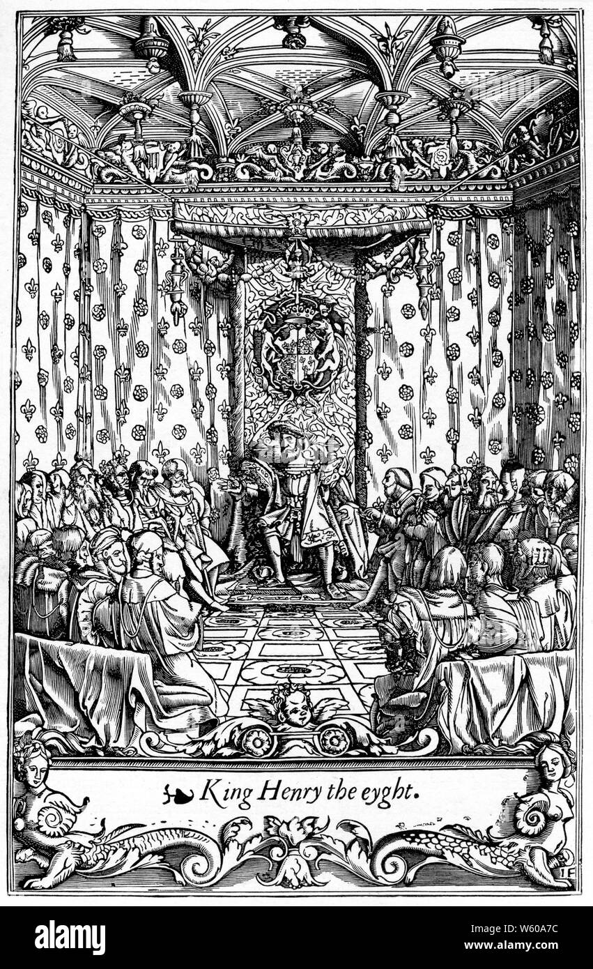 Enrico VIII in Parlamento, 16th secolo. Re Enrico VIII (1491-1547). Re Enrico VIII è visto qui in Parlamento. Da una linea inglese contemporanea incisione. Foto Stock
