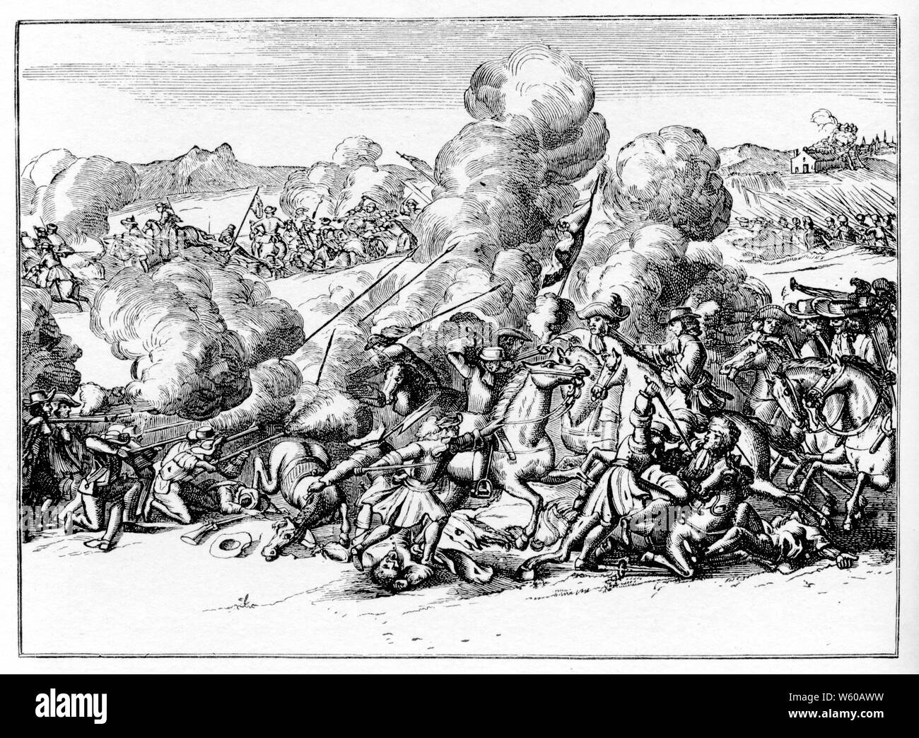 Battaglia di Sedgemoor, 1685 (1690). La battaglia di Sedgemoor fu l'ultimo e decisivo impegno tra Inghilterra e ribelli, che fu condotto dal duca su Monmouth durante la ribellione di Monmouth. Combattuto il 6 luglio 1685 la battaglia ebbe luogo a Westonzoyland vicino Bridgwater nel Somerset, Inghilterra. Ne conseguì la vittoria per l'Esercito reale, fedele a Giacomo II (1633-1701), contro le forze ribelli di Giacomo Scott, i Duca di Monmouth (1649-1685). Da Engelants schouwtoneel verbeeldende het vlugte van Jacobus II, 1690. Foto Stock