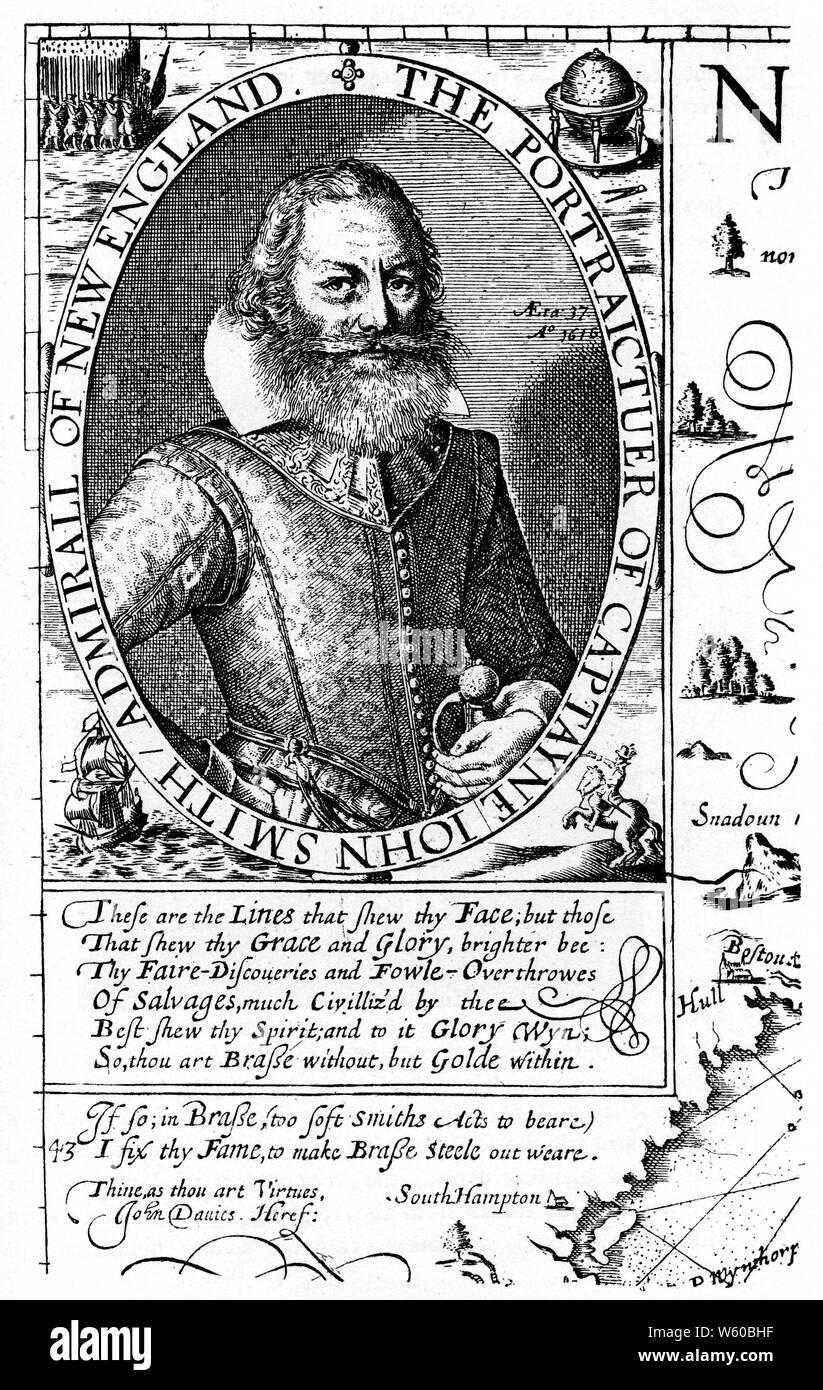 Capitano John Smith (1580-1631), 1624. Capitano John Smith (1580-1631), soldato inglese, esploratore, governatore coloniale, ammiraglio del New England, e autore. Dalla mappa del New England in 'The Generall Historie of Virginia, New England, and the Summer Isles' del Capitano John Smith (spesso abbreviato in 'The Generall Historie'), 1624. Foto Stock