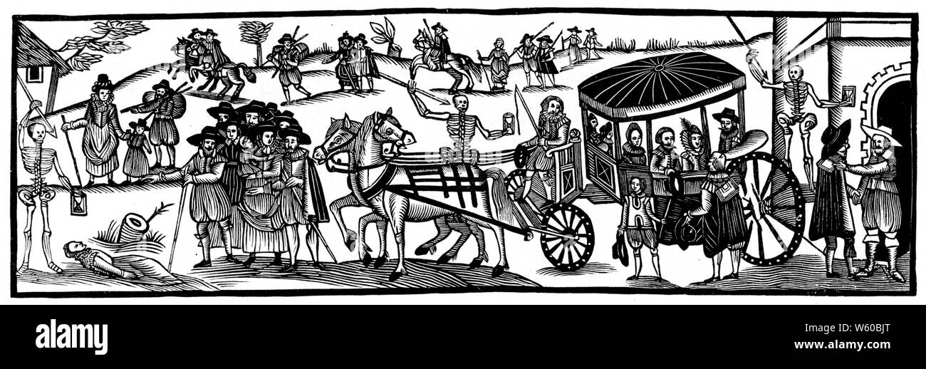 Il volo degli abitanti nel paese per sfuggire alla peste, ANNUNCIO 1630. Il XVII secolo. Foto Stock