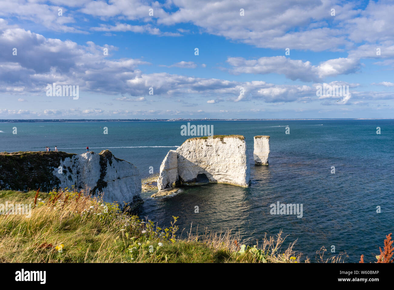 Old Harry Rocks, famoso chalk rock formazione sull'Isola di Purbeck Handfast punto, Jurassic Coast Sito Patrimonio Mondiale dell'UNESCO, Dorset, England, Regno Unito Foto Stock