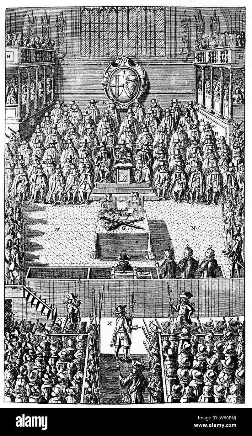 Una targa raffigurante il processo di Carlo i nel gennaio 1649, dal "Record del processo di Carlo i" di John Nalson del 1684. Carlo i (1600-1649), Re d'Inghilterra, Scozia e Irlanda dal 27 marzo 1625 fino alla sua esecuzione nel 1649. Gli ultimi anni di Carlo furono segnati dalla guerra civile inglese che portò alla sua morte finale. Spesso viene chiamato Re Carlo il Martire. Foto Stock