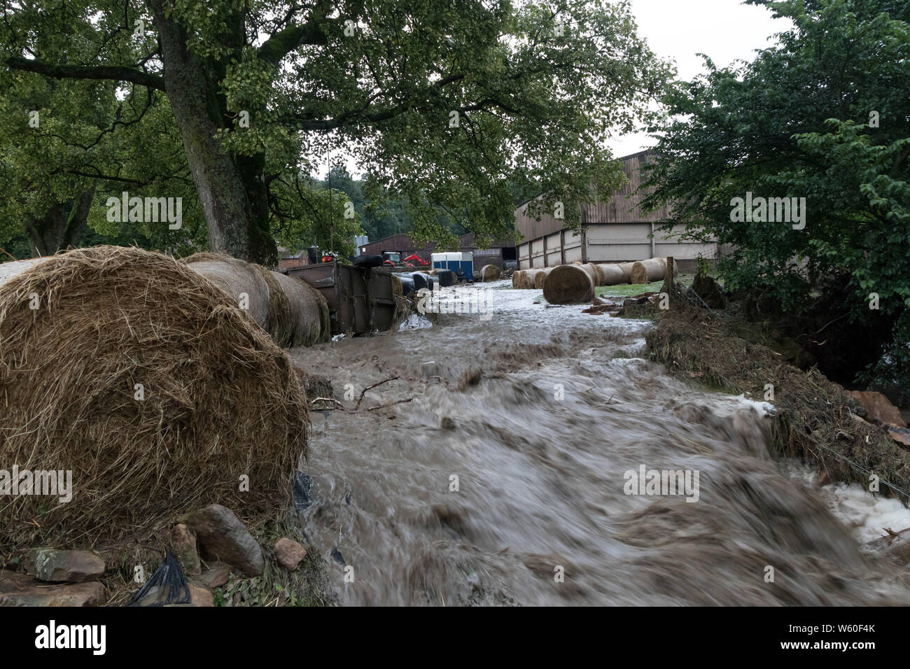 Holme Farm, Arkengarthdale, North Yorkshire Regno Unito. Il 30 luglio 2019. Regno Unito Meteo. Scene di devastazione come pioggia torrenziale provoca inondazioni che hanno attraversato Holme Farm in Arkengarthdale danneggiando edifici e di balayage alcuni animali di distanza. Nella vicina Swaledale un ponte anche crollata. Credito: David Forster/Alamy Live News Foto Stock
