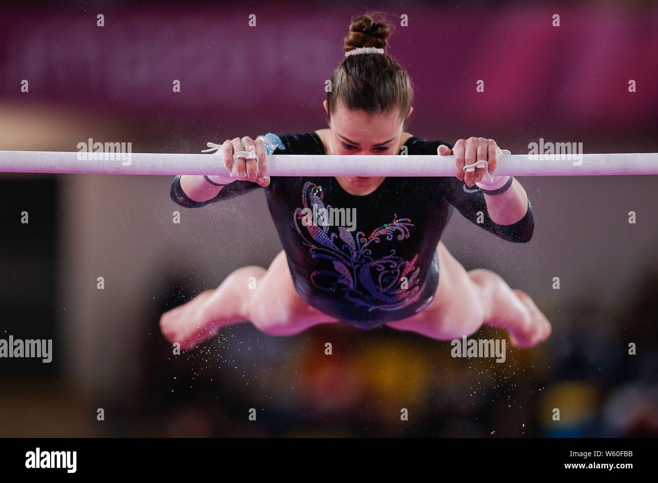 Lima, Perù. Il 30 luglio, 2019. Argentina di magistrati Abigail durante l'evento finale di barre asimmetrica del PanAmericano Lima 2019 ginnastica artistica. Credito: Marcelo Machado de Melo/FotoArena/Alamy Live News Foto Stock