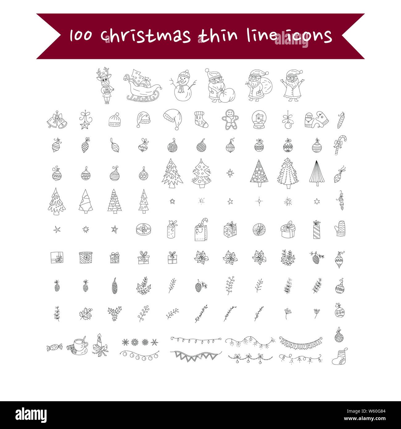 Big Christmas Icona set. 100 inverno handdrawn icone. Il logo del vettore, emblemi, disegni. Utilizzabile per striscioni, biglietti di auguri, donazioni ecc. Illustrazione Vettoriale