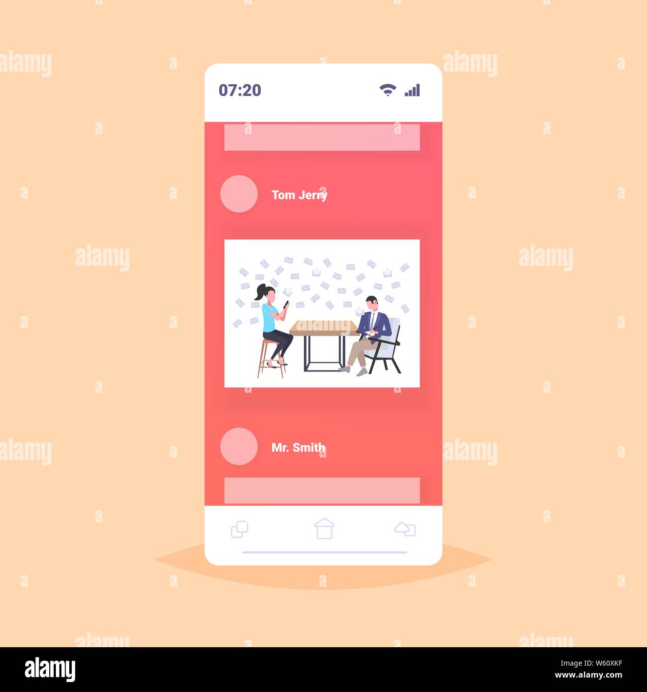 Azienda giovane utilizzando il cellulare per controllare la posta lettere di posta elettronica online il concetto di comunicazione uomo donna seduta al tavolo del bar lo schermo dello smartphone Illustrazione Vettoriale