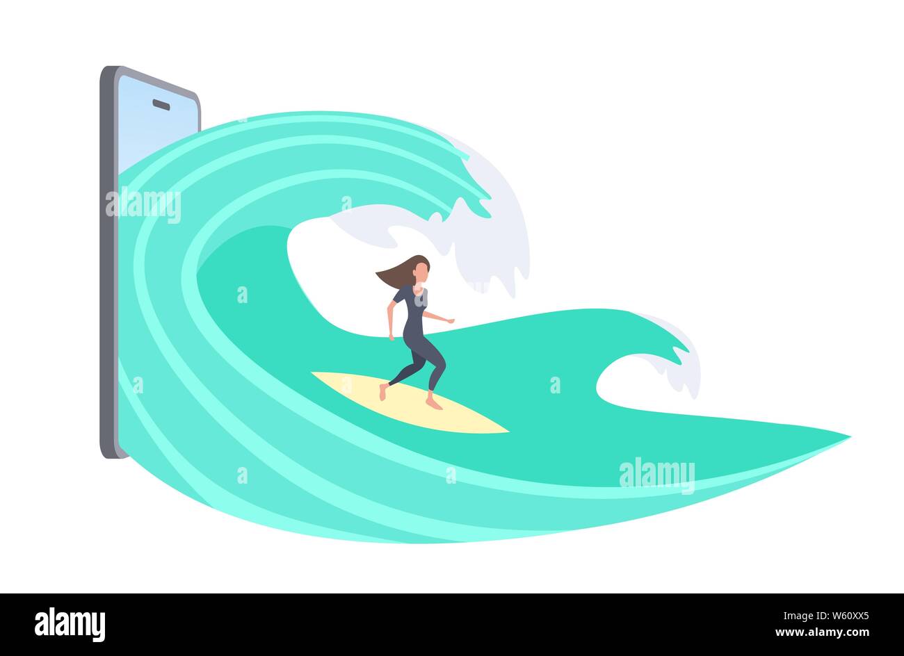 Surfer Girl surf su wave giovane ragazza sulla tavola da surf vacanze estive concetto lo schermo dello smartphone online mobile app piana di lunghezza completa illustrazione vettoriale Illustrazione Vettoriale