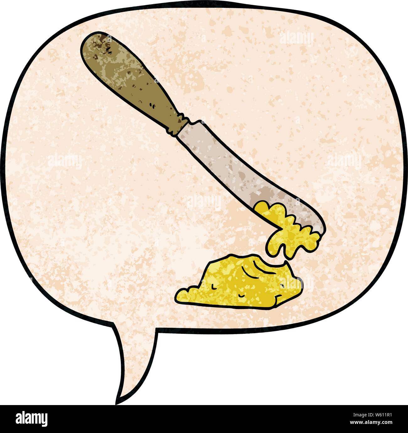 Cartoon spalmatura a coltello burro con discorso bolla rétro in stile di tessitura Illustrazione Vettoriale