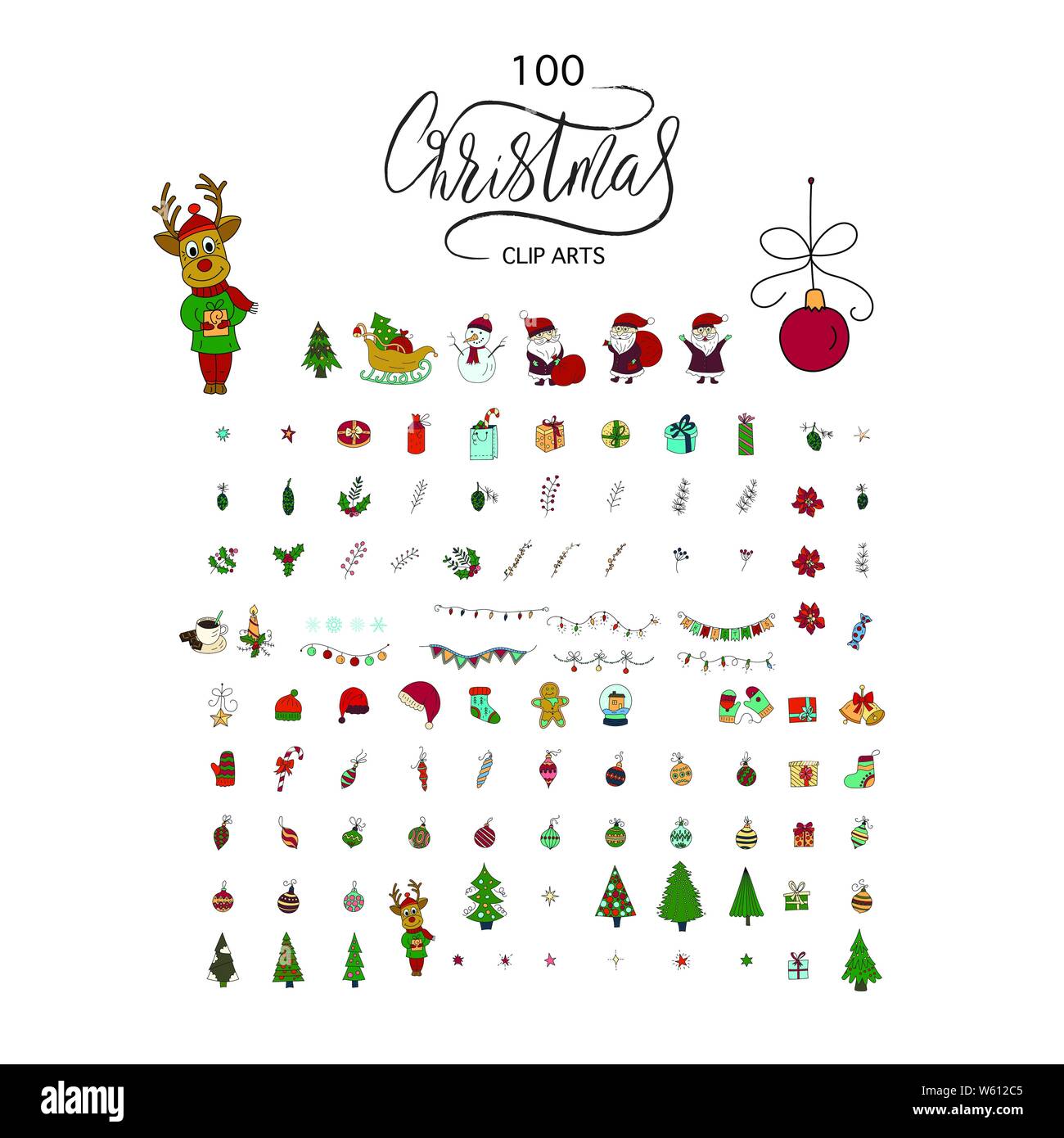 Big Christmas Icona set. 100 inverno handdrawn icone. Il logo del vettore, emblemi, disegni. Utilizzabile per striscioni, biglietti di auguri, donazioni ecc. Illustrazione Vettoriale