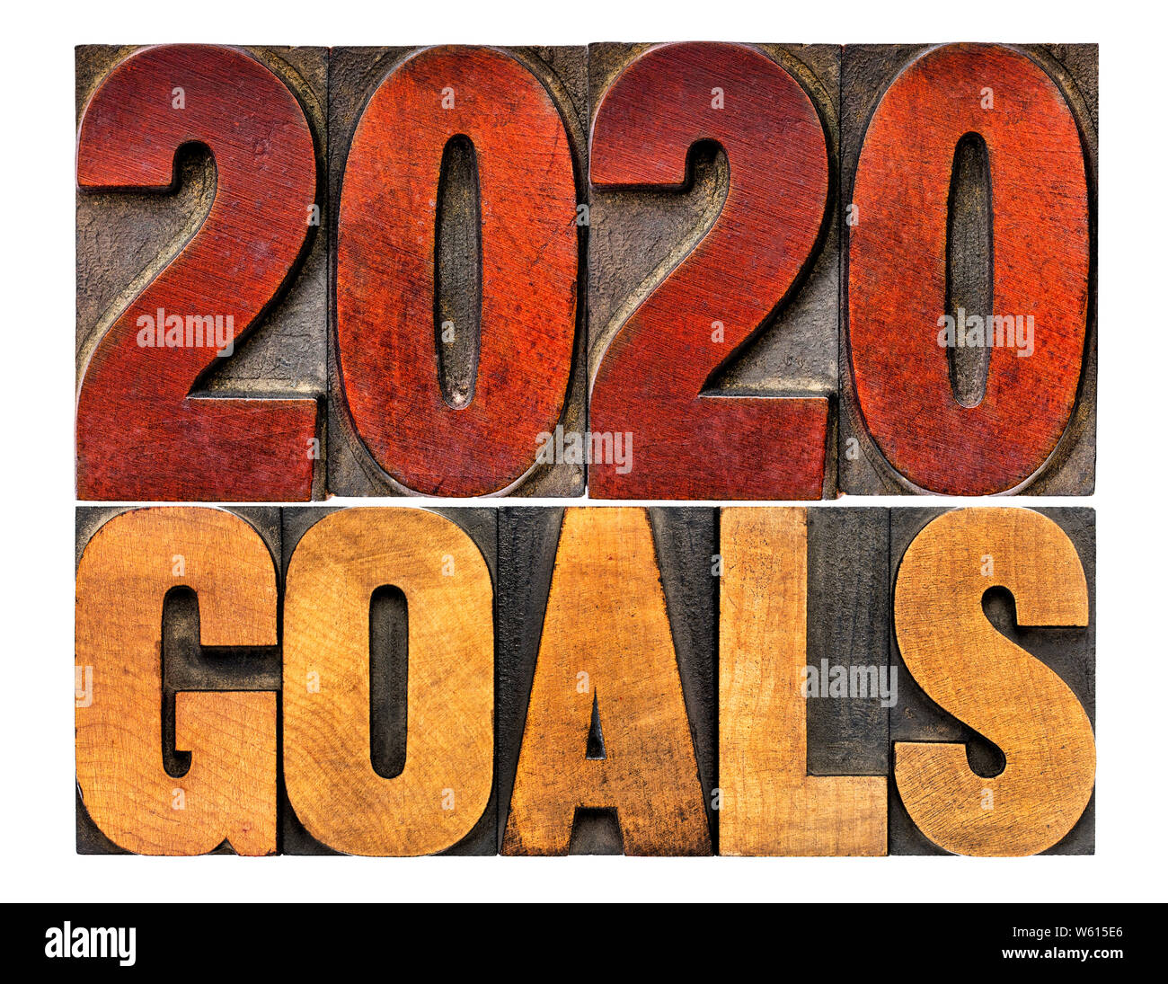 Gli obiettivi 2020 banner - Anno Nuovo concetto di risoluzione - testo isolato in rilievografia vintage tipo legno blocchi di stampa Foto Stock