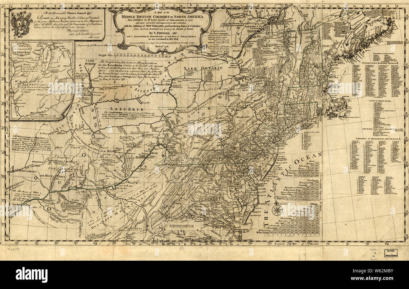 La guerra rivoluzionaria americana era mappe 1750-1786 098 una mappa del Medio colonie britanniche in Nord America prima pubblicato da Lewis Evans di Filadelfia nel 1755 la ricostruzione e la riparazione Foto Stock