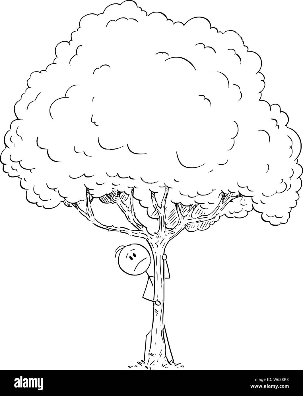 Vector cartoon stick figura disegno illustrazione concettuale della paura o preoccupato o paura o curiosi uomo nascondersi dietro ad albero. Illustrazione Vettoriale