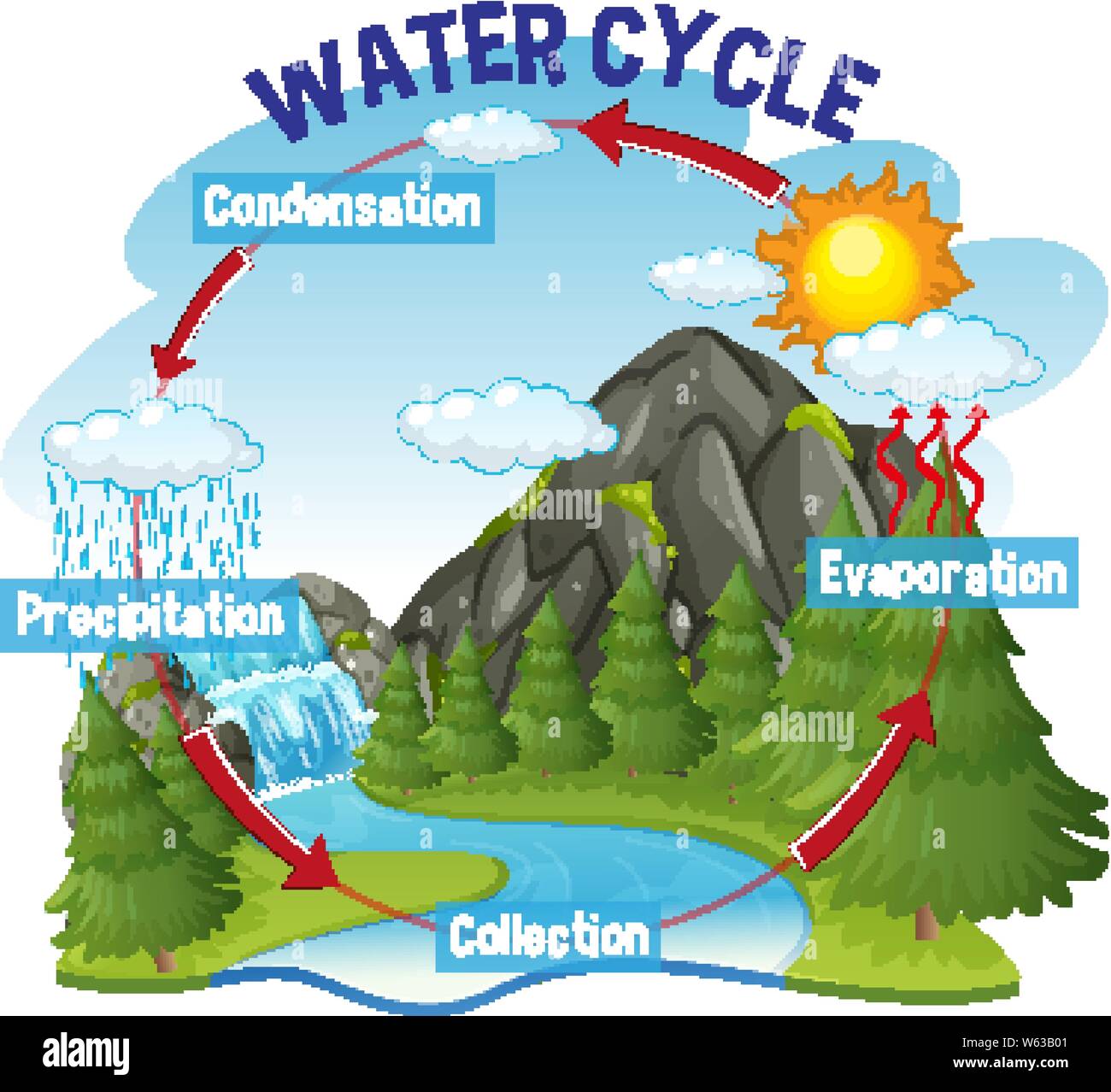 Acqua di processo di ciclo sulla terra - illustrazione scientifica Illustrazione Vettoriale