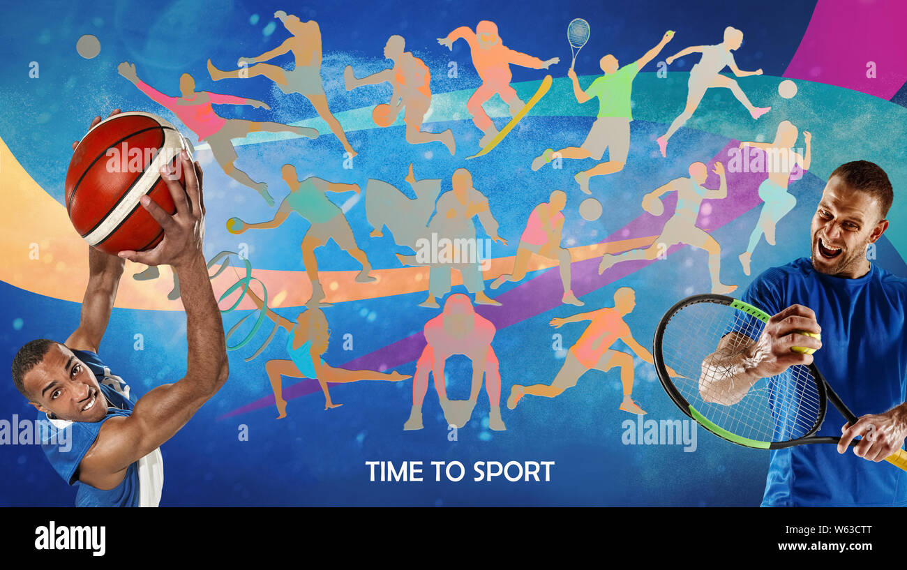 Creative collage di drawned sagome di sportivi. Pubblicità, sport, stile di vita sano, motion, attività, concetto di movimento. American football, calcio, tennis pallavolo badminton scatola di rugby Foto Stock