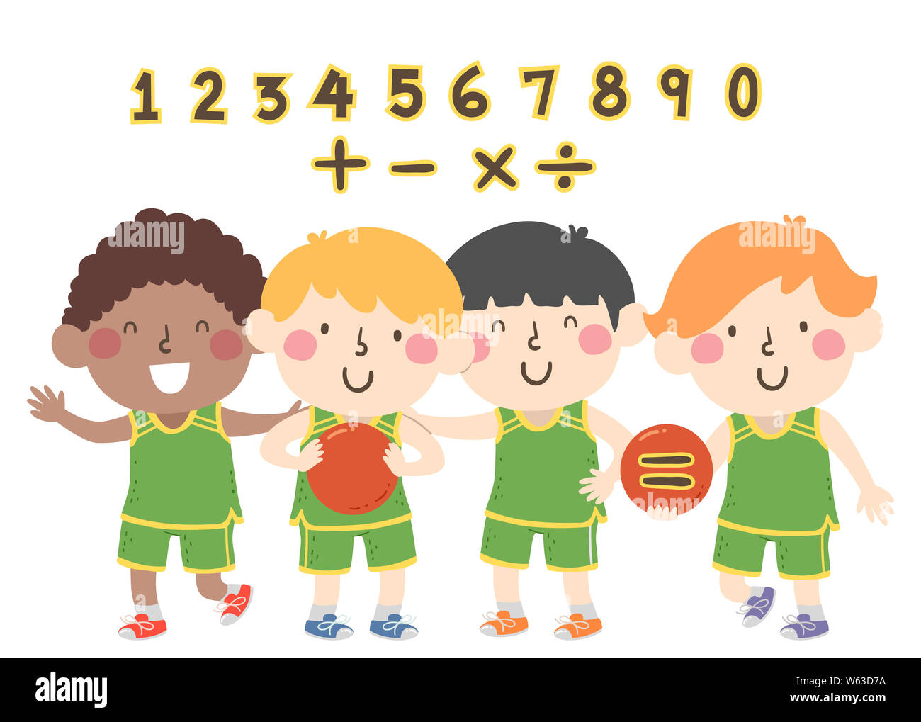 Illustrazione dei Ragazzi Ragazzi con Blank Jersey uniforme per lo spazio per inserire i numeri e operatori matematici Foto Stock
