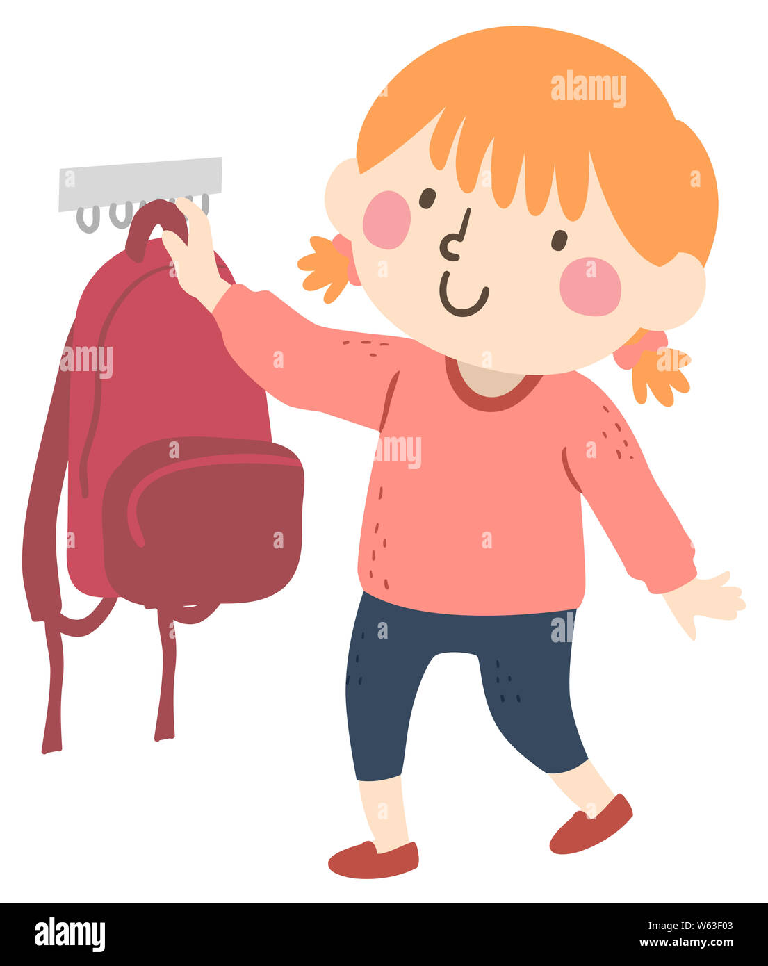 Illustrazione di una ragazza di capretto appeso il suo Back Pack dopo tornando a casa come lei dopo la routine della scuola Foto Stock