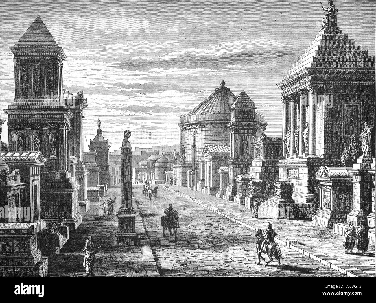 Un edificio del XIX secolo la visualizzazione della Via Appia Antica di Roma, Italia. Costruito nel 312 A.C., la strada ha cominciato nel Forum Romanum, fatta passare attraverso la parete Servian presso la porta Capena, andato attraverso un taglio in Clivo di Martis, e ha lasciato la città. È stato uno dei primi e strategicamente più importanti strade romane della antica repubblica e la prima lunga strada costruita appositamente per il trasporto di truppe al di fuori della regione più piccola di maggiore di Roma. Le poche strade al di fuori dei primi città etrusche erano e sono andati principalmente a Etruria. Dalla tarda Repubblica, i Romani avevano ampliato rispetto alla maggior parte di Italia e furono maestri Foto Stock