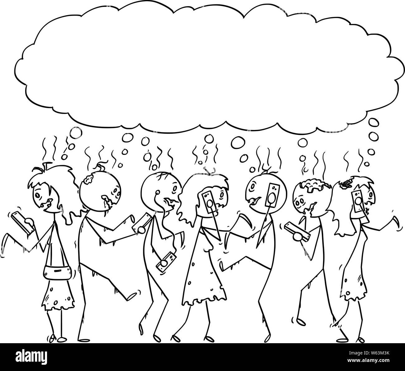 Vector cartoon stick figura disegno illustrazione concettuale di un gruppo di dipendenti zombie o morti di camminare sulla strada e utilizzando i telefoni cellulari o telefoni cellulari. Illustrazione Vettoriale