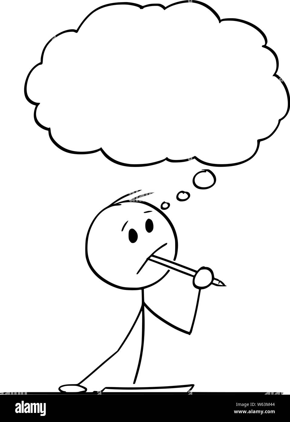 Vector cartoon stick figura disegno illustrazione concettuale dell'uomo creativo o imprenditore o writer pensando a qualcosa, con penna a sfera in bocca e il pezzo di carta sul tavolo. Illustrazione Vettoriale