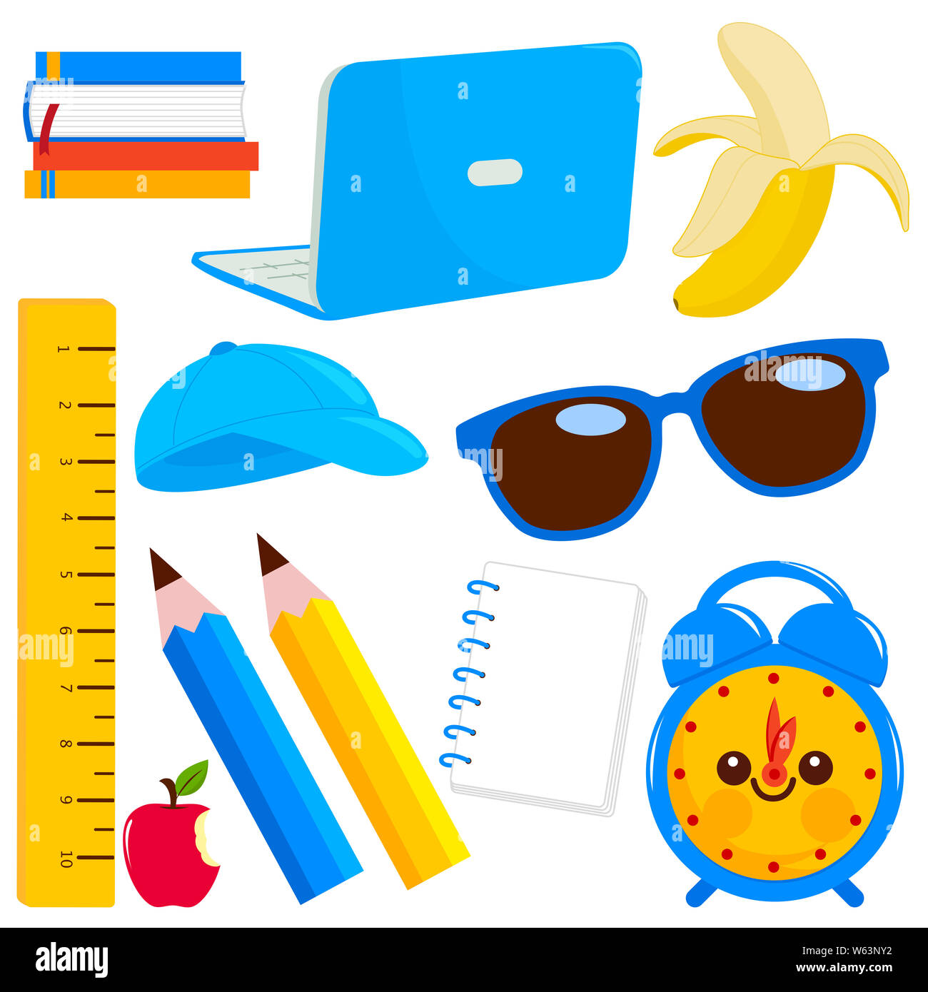 Forniture scolastiche in giallo e blu. Foto Stock