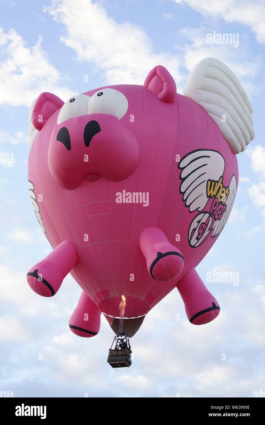 In mongolfiera ad aria calda che assomiglia a un maiale rosa in aumento nell'aria(quando i suini fly). Foto Stock