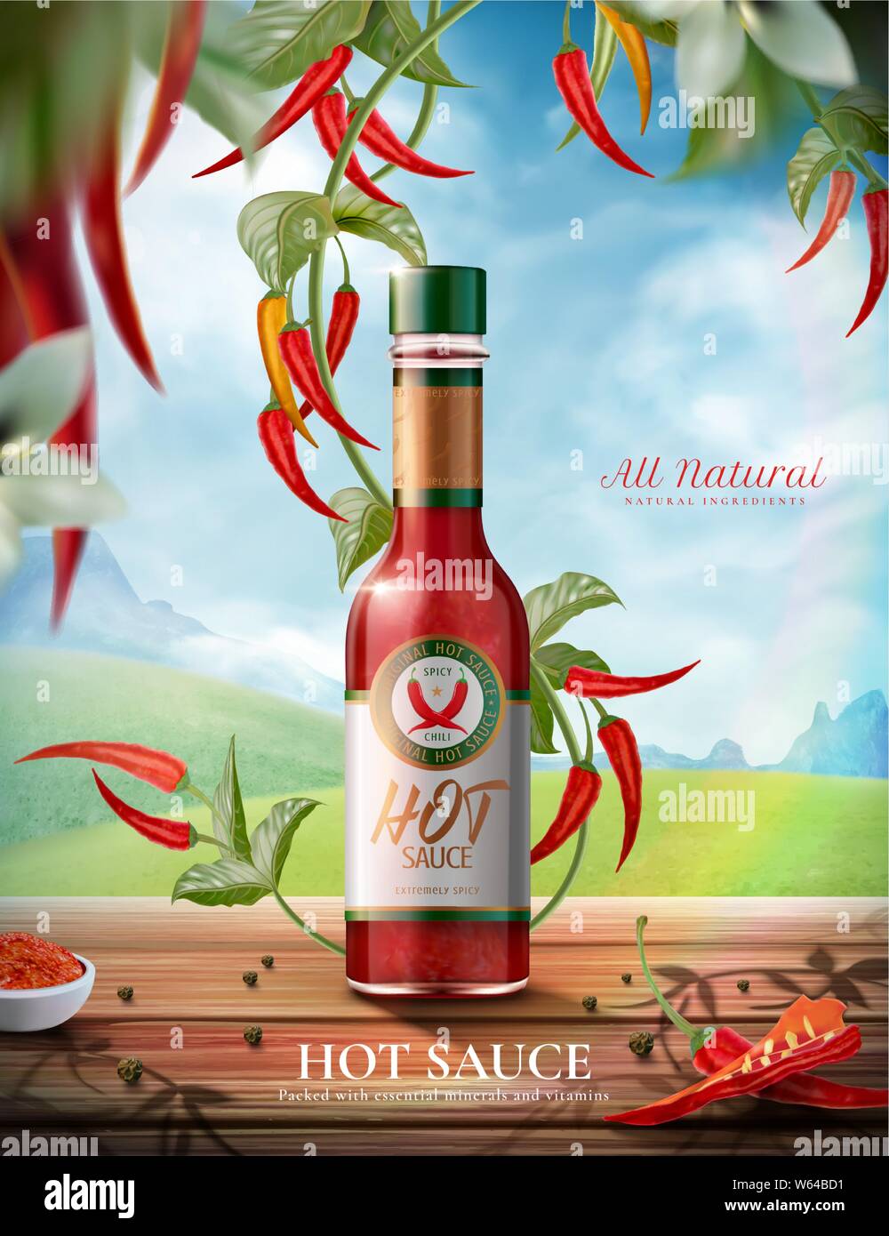 La salsa calda annunci di prodotto con il peperoncino impianto sul tavolo di legno e natura sfondo, 3d illustrazione Illustrazione Vettoriale