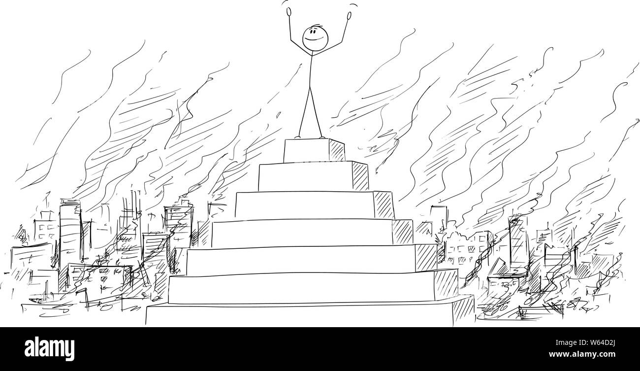 Vector cartoon stick figura disegno illustrazione concettuale dell'uomo o imprenditore o politico per celebrare la sua vittoria o trionfo sul picco della piramide, con città distrutta in un incendio su sfondo. Illustrazione Vettoriale