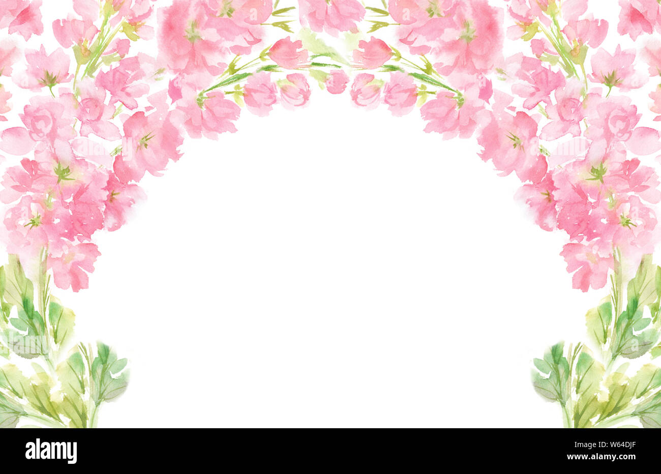 Rosa floreale astratta acquerello telaio orizzontale corona disposizione color pastello fiori e foglie dipinte a mano in background cerchio per il testo Foto Stock