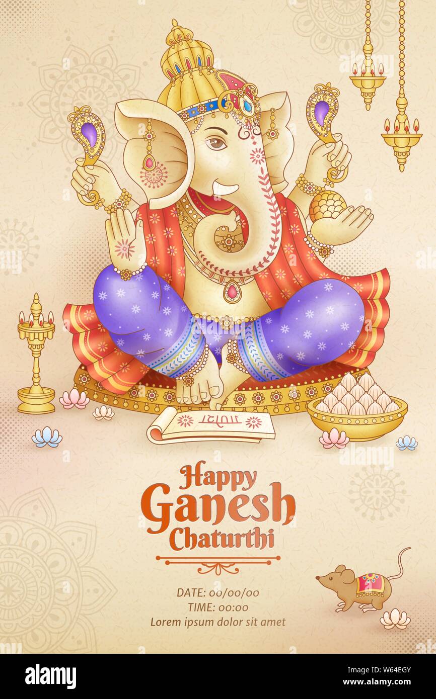 Felice Ganesh Chaturthi design poster con dio Ganesha holding attrezzo rituale Illustrazione Vettoriale