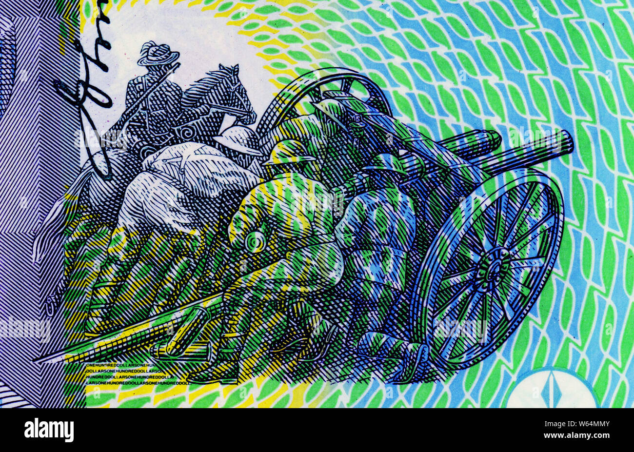 Un dettaglio in Australia 100 dollar nota mostra i soldati dell'Artiglieria Australiano nella prima guerra mondiale, sotto il comando del Generale John Monash. Foto Stock