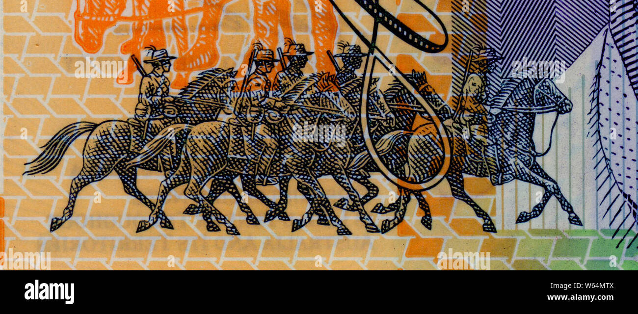 Un dettaglio in Australia 100 dollar nota mostra i soldati dell'Australian Light Horse nella prima guerra mondiale, sotto il comando del Generale John Monash. Foto Stock