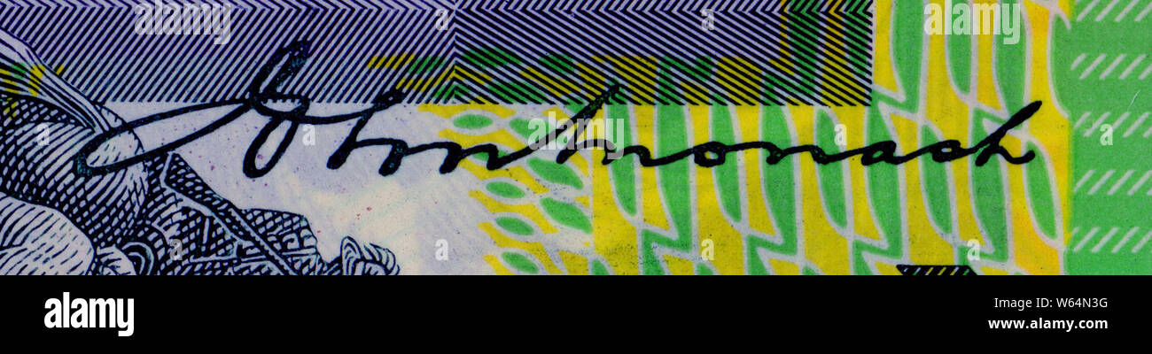 Un dettaglio in Australia 100 dollar nota mostra la firma del Generale John Monash, comandante di teh Australian forze armate nella Prima Guerra Mondiale Foto Stock