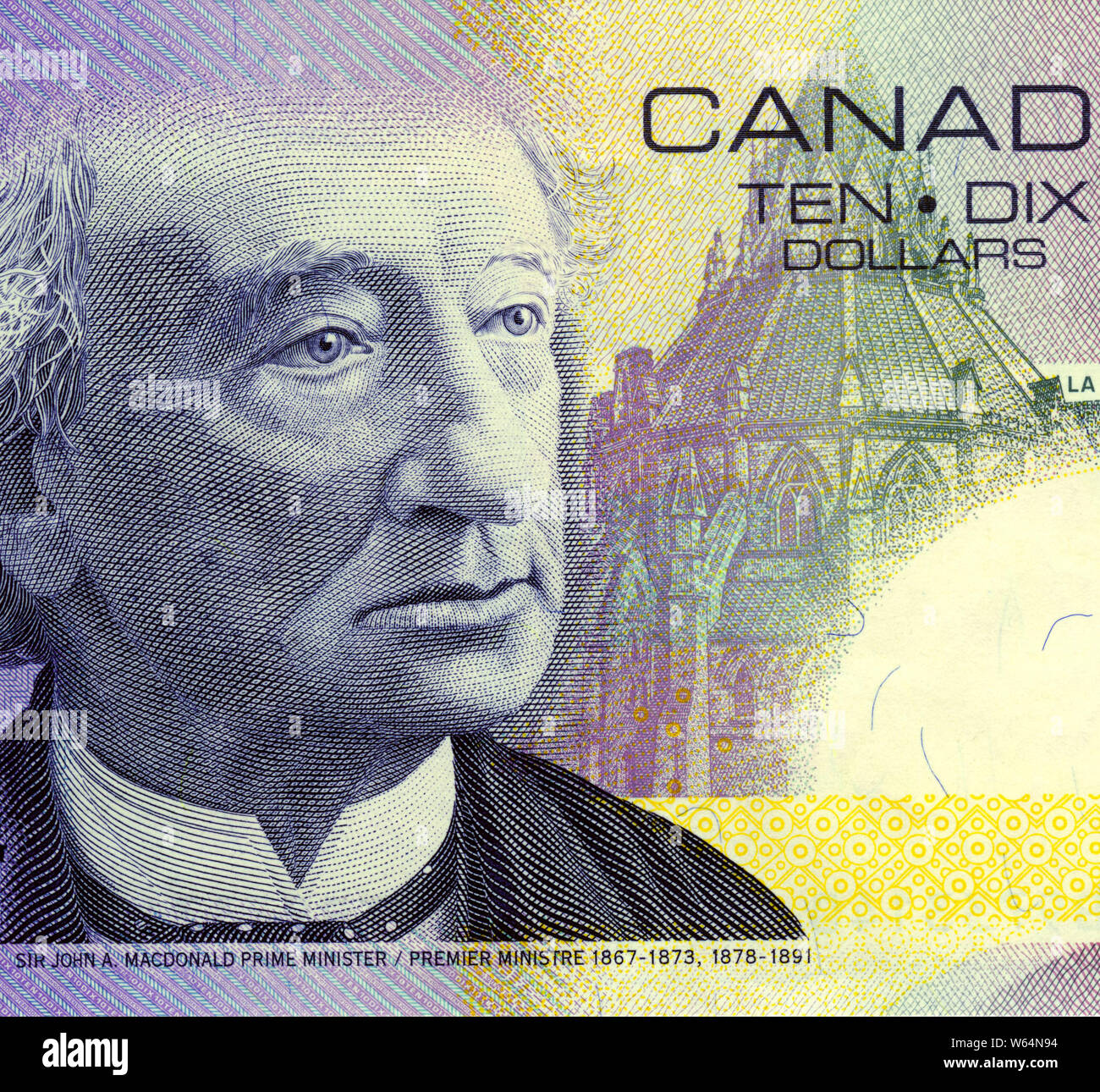 Incisi ritratto di Sir John un MacDonald, primo ministro del Canada in primo piano il loro 10 dollar nota Foto Stock