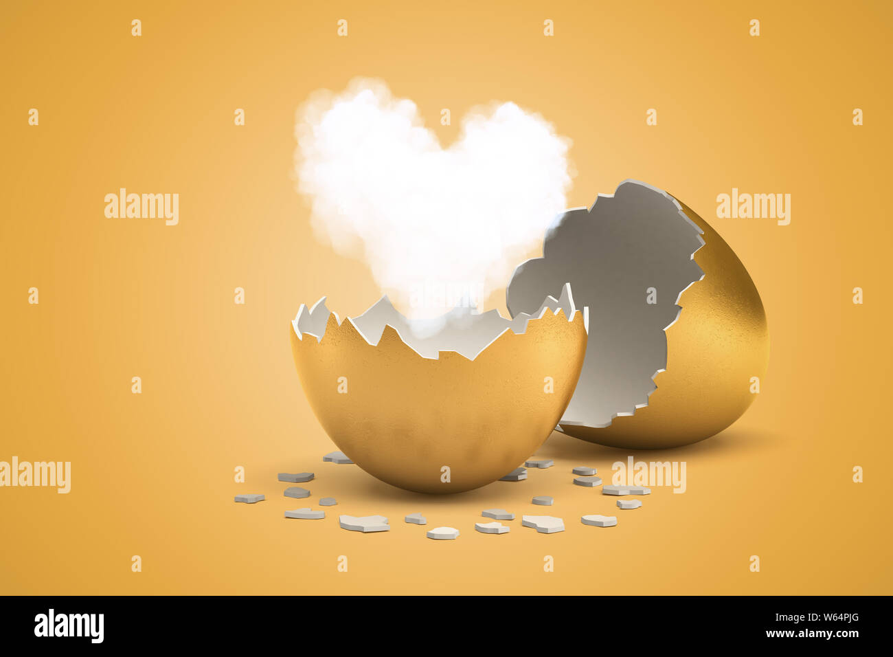3D rendering di soffice e bianca a forma di cuore che cloud appena schiuse dal Golden Egg. Foto Stock