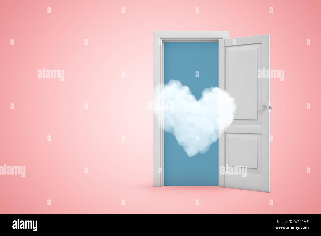 3D rendering di sottile a forma di cuore il cloud battenti fuori dalla porta aperta sul rosa copyspace gradiente dello sfondo. Foto Stock