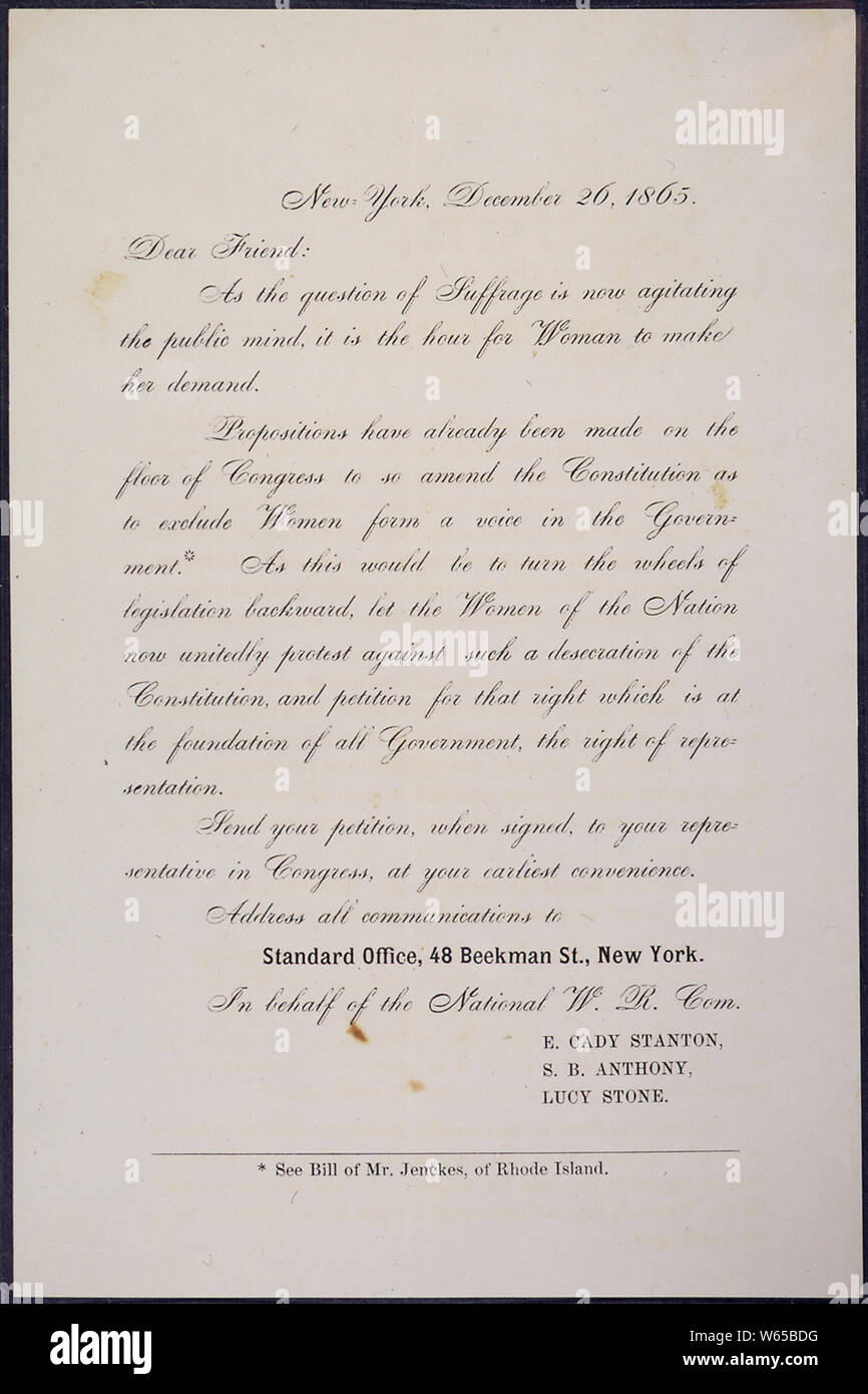 Modulo Lettera da E. Cady Stanton, Susan B. Anthony e Lucia pietra amici chiedendo di inviare petizioni per la donna il suffragio per i loro rappresentanti al congresso Foto Stock