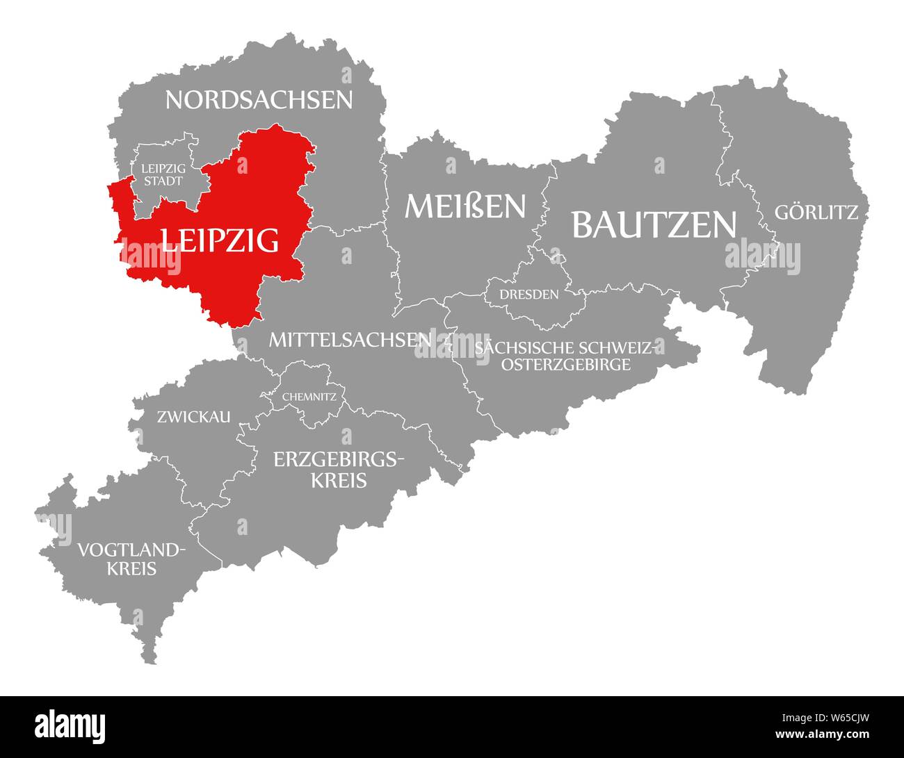 Lipsia evidenziata in rosso nella mappa di Sassonia Germania DE Foto Stock