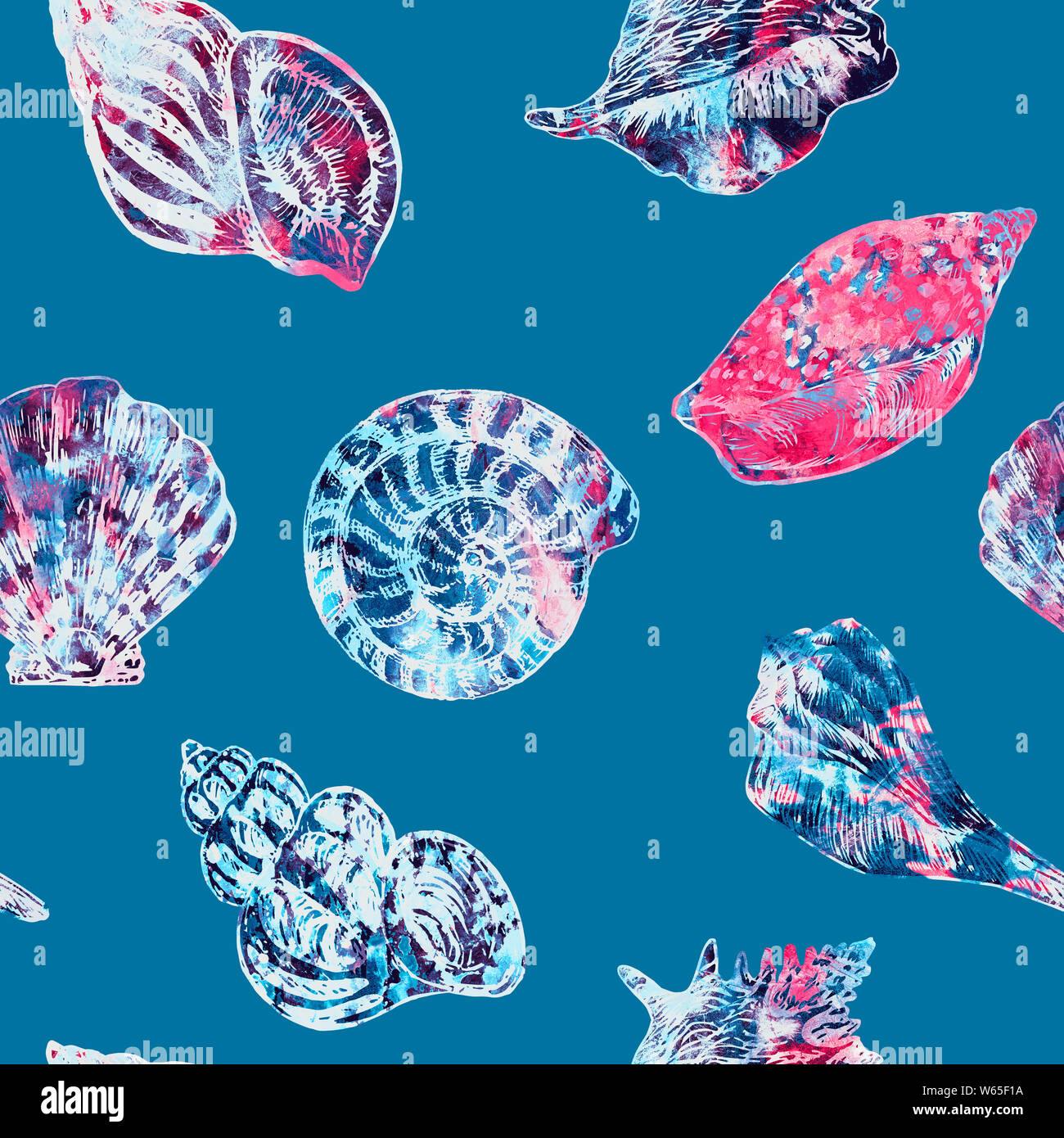 Seashells illustrazione, dipinta a mano colorati acquerelli astratti schizzi, dipinto a mano ad acquarello, illustrazione perfetta design pattern sul turchese Foto Stock