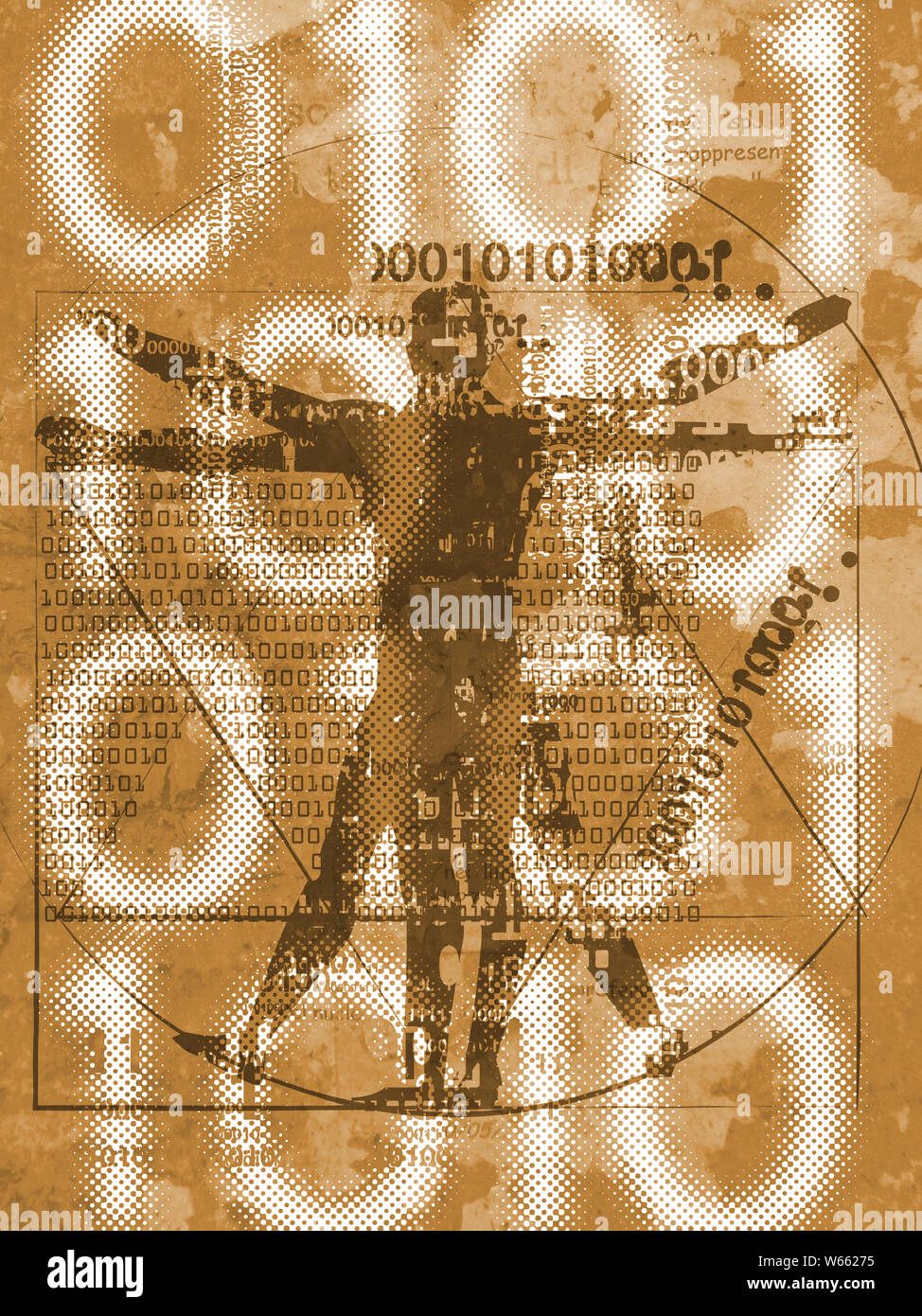 L'uomo vitruviano di età digitale. Il futuristico illustrazione dell'uomo vitruviano con codici binari su marrone grunge background. Foto Stock
