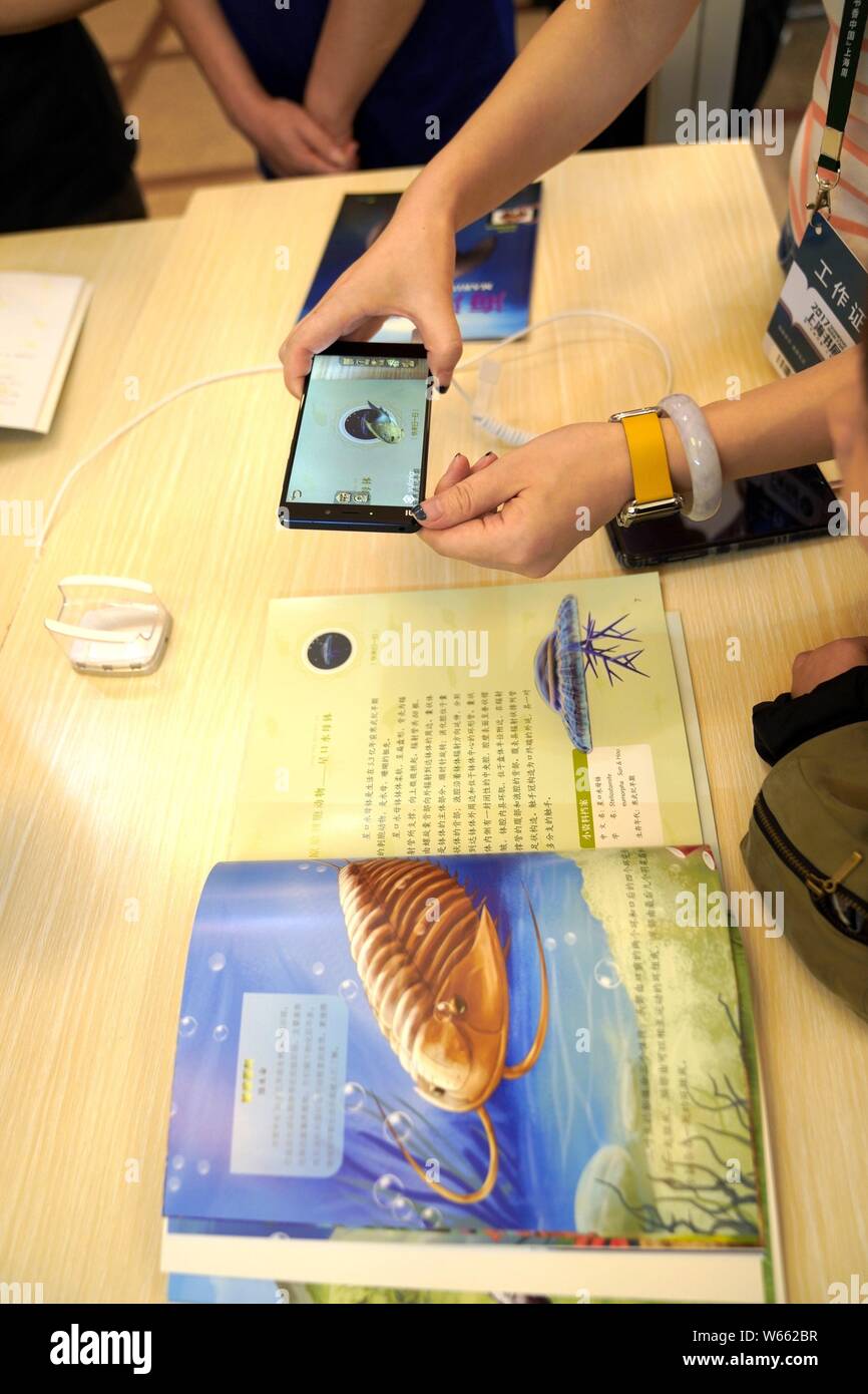 --FILE--un cinese utente del telefono cellulare usa il suo smartphone per AR lettura durante la Shanghai Book Fair in Cina a Shanghai, 17 agosto 2017. Mobile di lettura Foto Stock