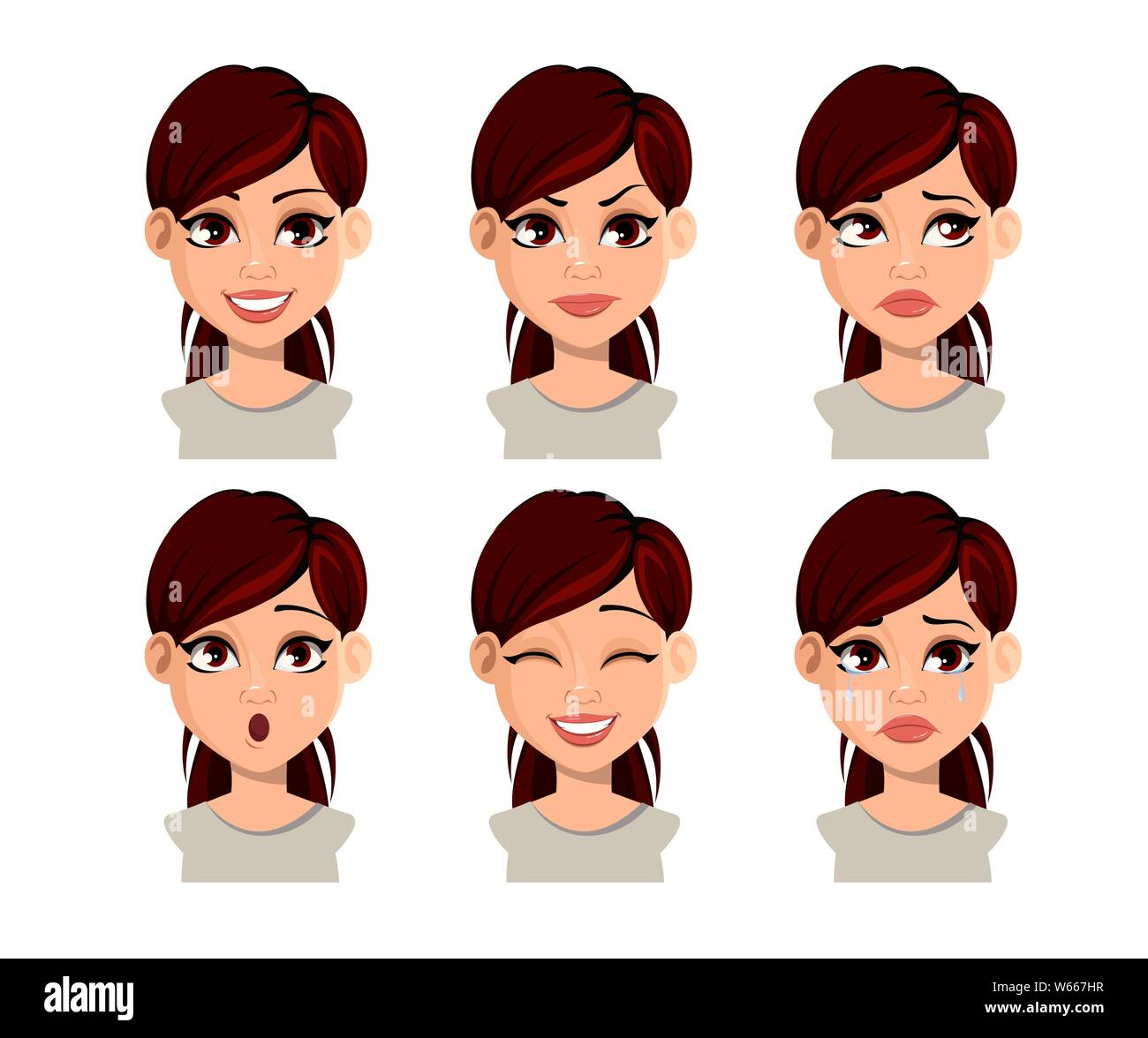 Faccia espressioni di bella donna con capelli castani. Set di diverse emozioni femmina. Personaggio dei fumetti, avatar. Illustrazione di vettore isolato su bianco Illustrazione Vettoriale