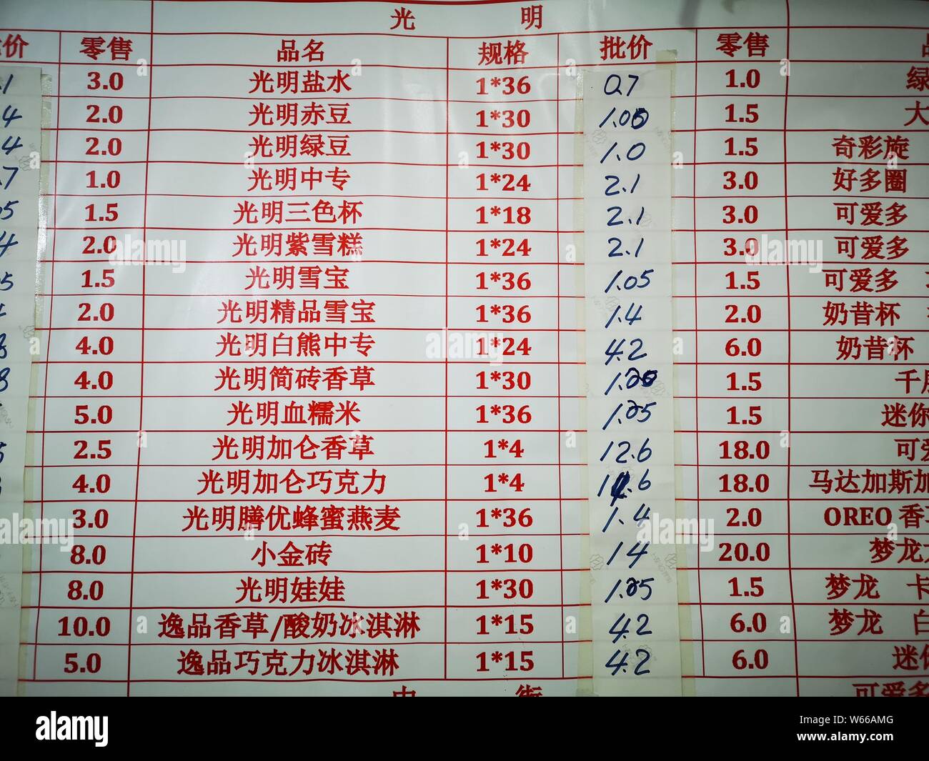 Vista dei cartellini dei prezzi per popsicles cinese di gelato marchio luminoso in corrispondenza di un magazzino di vendita in Cina a Shanghai, 21 luglio 2018. Uno della Cina il ghiaccio più vecchio Foto Stock
