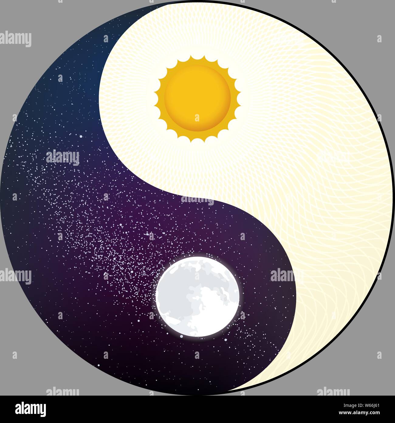 Illustrazione Vettoriale. Cosmologici yin yang con il sole e la luna. Di giorno e di notte. Illustrazione Vettoriale
